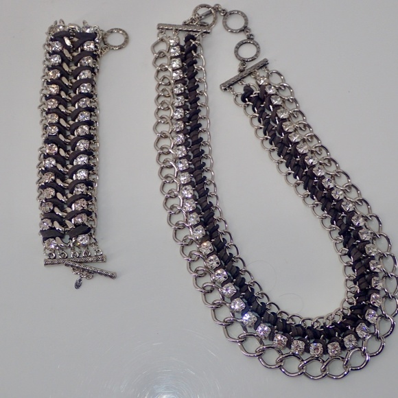 Vtg Black Leather Rhinestone Wide Silver Tone Necklace Bracelet Matching Set - Picture 9 of 12